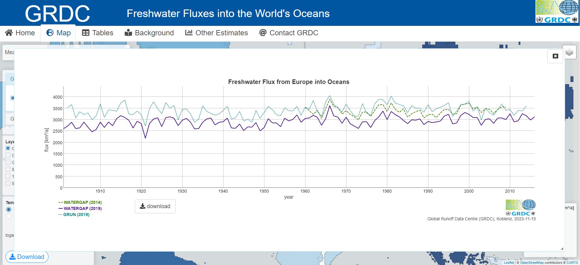 GRDC Freshwater Fluxes into the World's Oceans application.